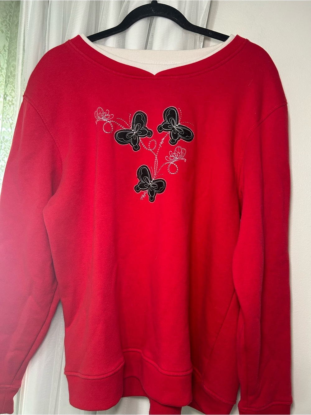 Red Crewneck Sweatshirt with Black Butterfly Embroidery